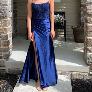Elegant Navy Sherri Hill Strapless Gown
